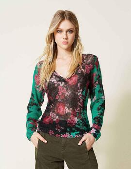 Jersey TwinSet negro flores fucsia
