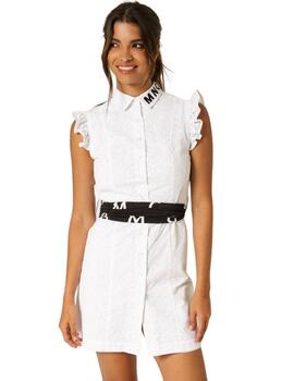 Vestido Camisero Hombreras Algodón Bordado Blanco Con Cintur