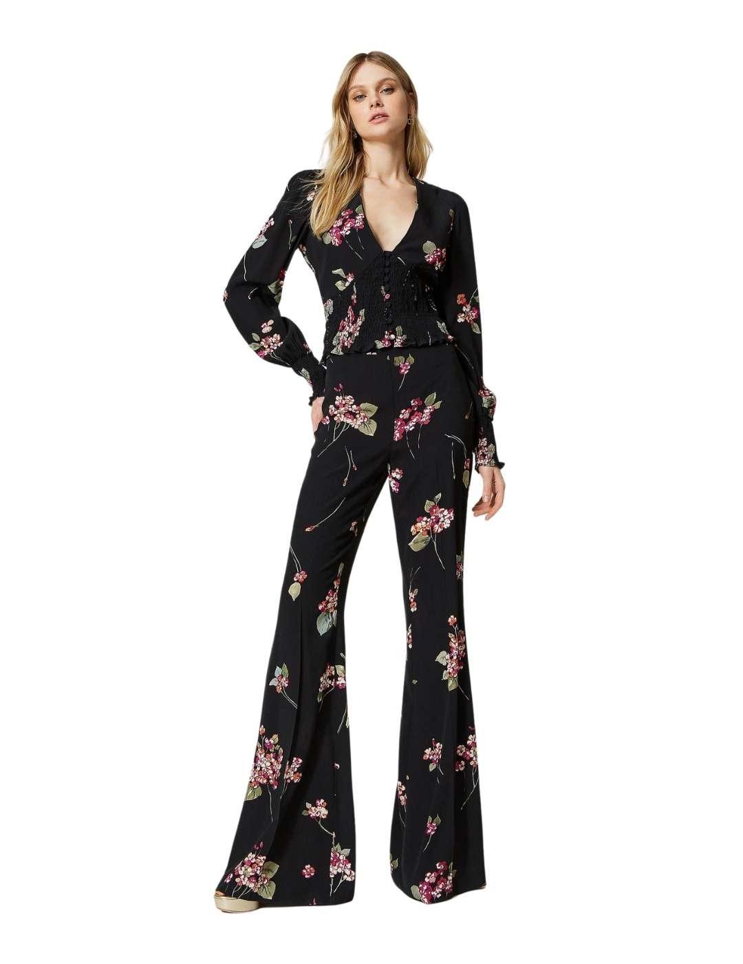 Pantalones evasé de crepé de flores
