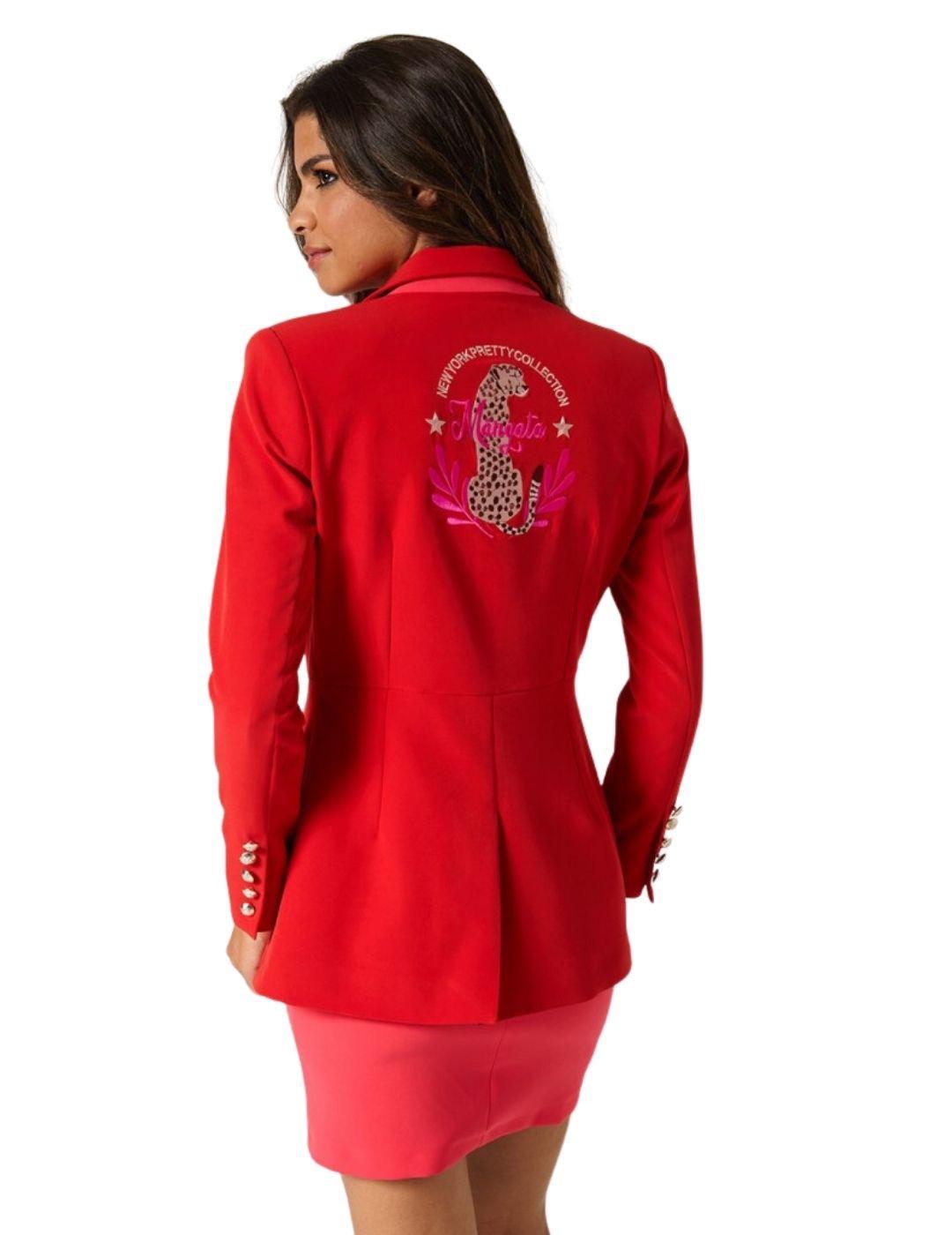 Blazer Roja Con Solapa Contraste Rosa