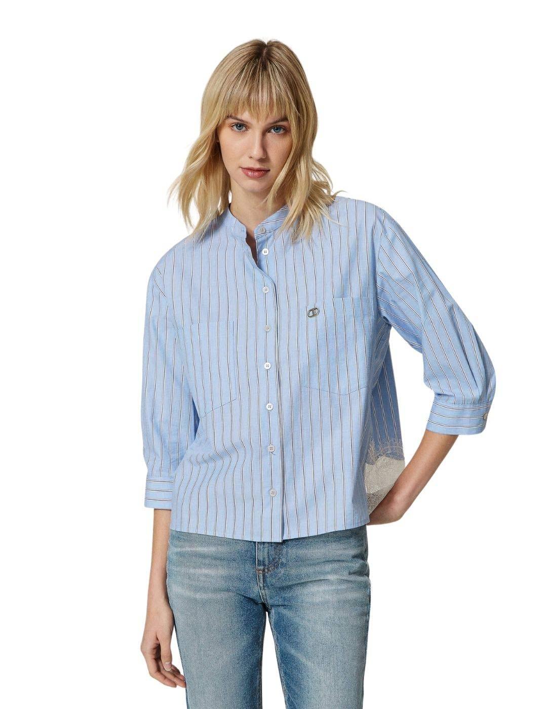 Camisa de popelina de rayas con encaje