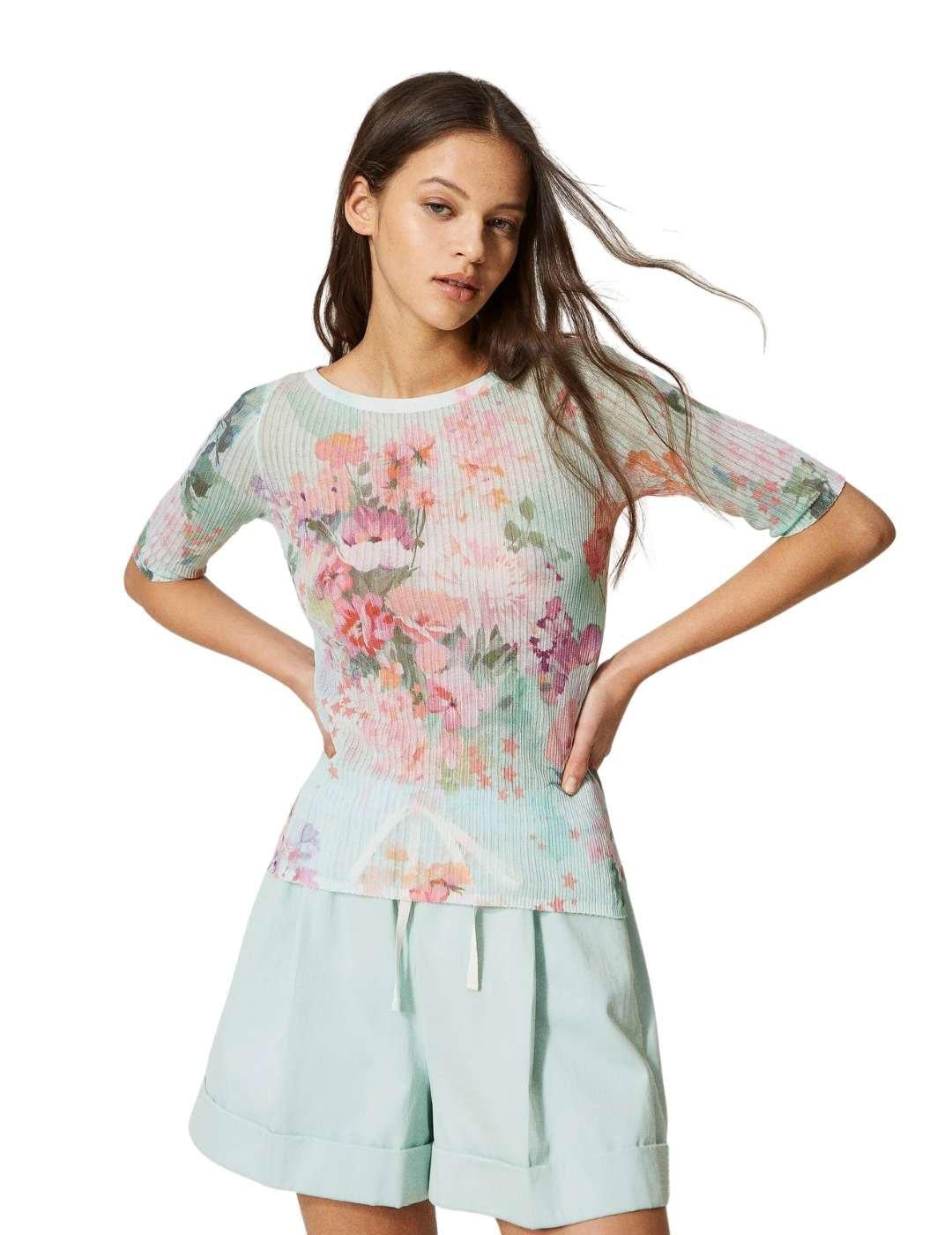 Jersey acanalado con estampado de flores