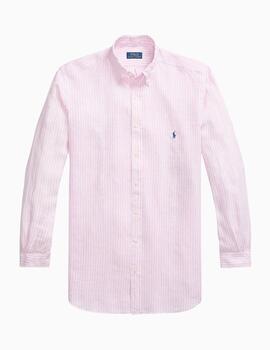 Camisa de rayas regular fit de lino rosa