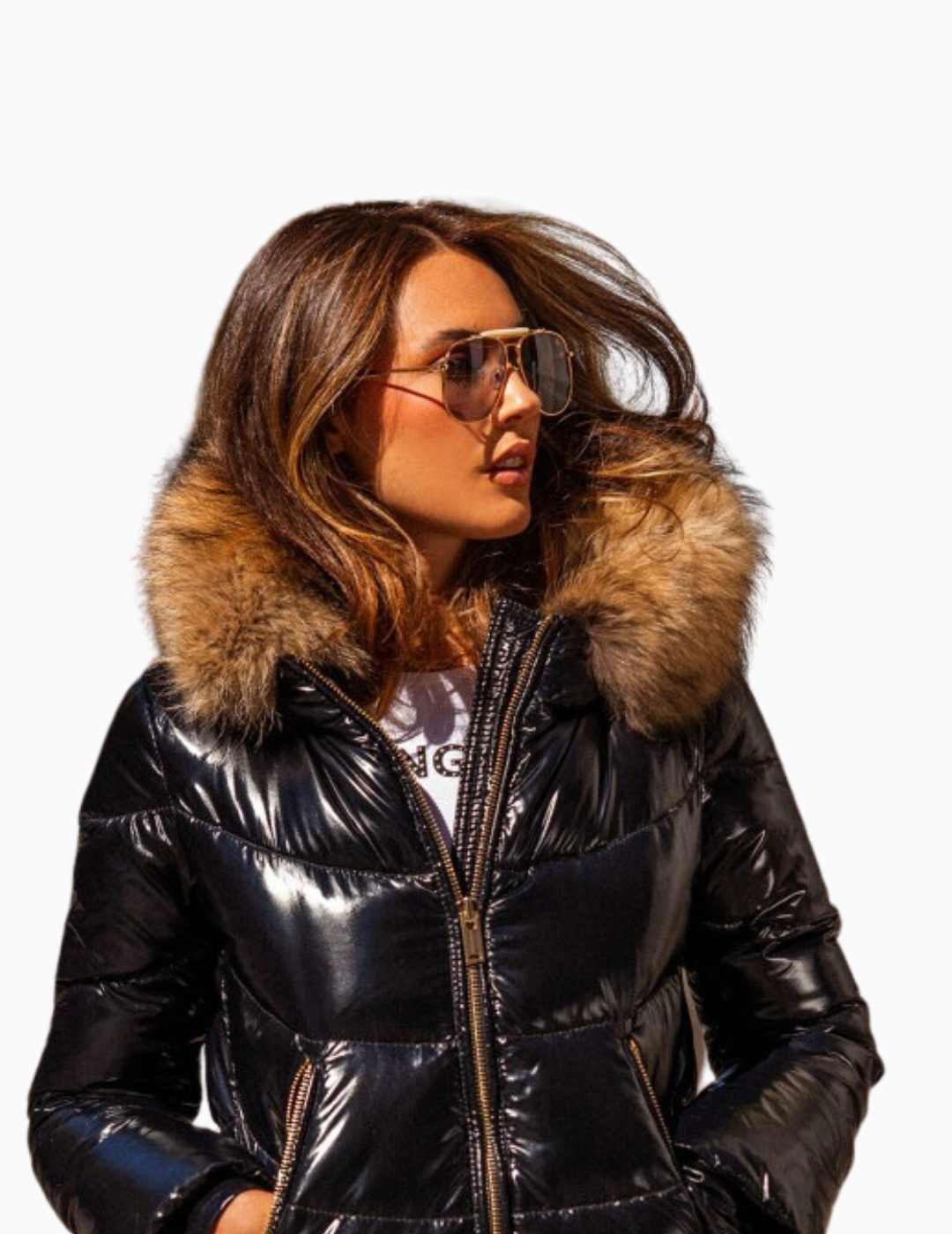 Abrigo MANGATA Plumas 3 4 Negro Asimetrico Con Capucha